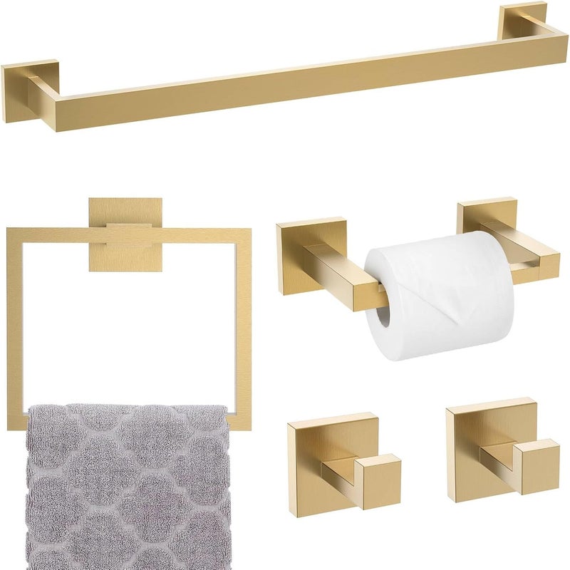 TNOMS 5-Piece Towel Bar Set Brushed Gold Bathroom Hardware Accessories Set Includes Upgraded Double Base Toilet Paper Holder,Modern Square Towel Holder Set Stainless Steel Wall Mount 23.6 Inch - Image 1